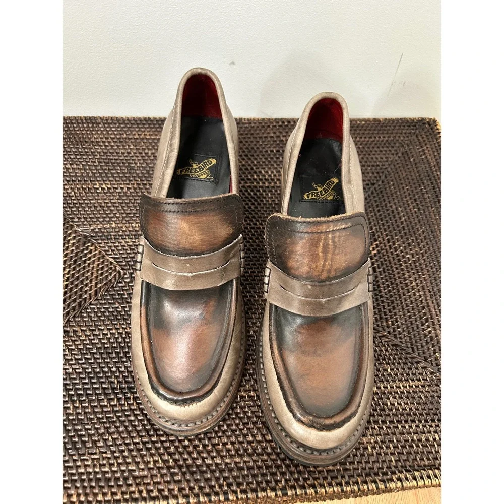 Freebird by Steven Bristol Penny Loafer Block Heels Women 7 Grey Brown Leather